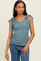 Teal Solid Ribbed Sleeveless Tie V-Neck Top
