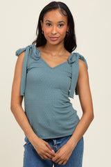 Teal Solid Ribbed Sleeveless Tie V-Neck Top