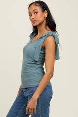 Teal Solid Ribbed Sleeveless Tie V-Neck Top