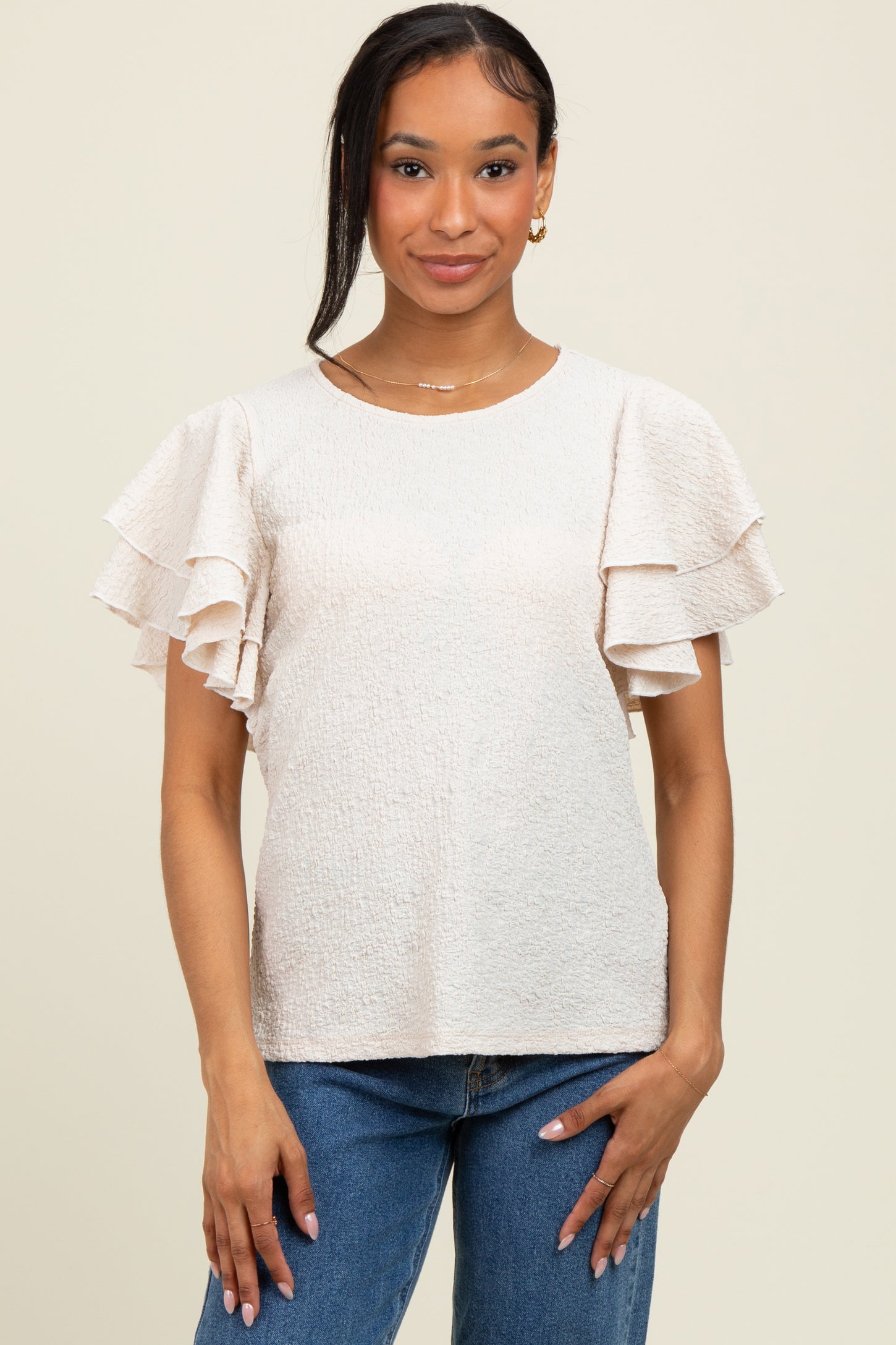 Beige Textured Ruffle Sleeve Top
