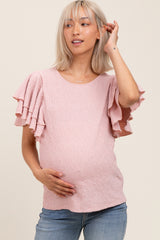 Pink Textured Ruffle Sleeve Maternity Top