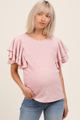 Pink Textured Ruffle Sleeve Maternity Top