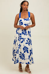 Royal Blue Leaf Print Tie Back Cutout Midi Dress