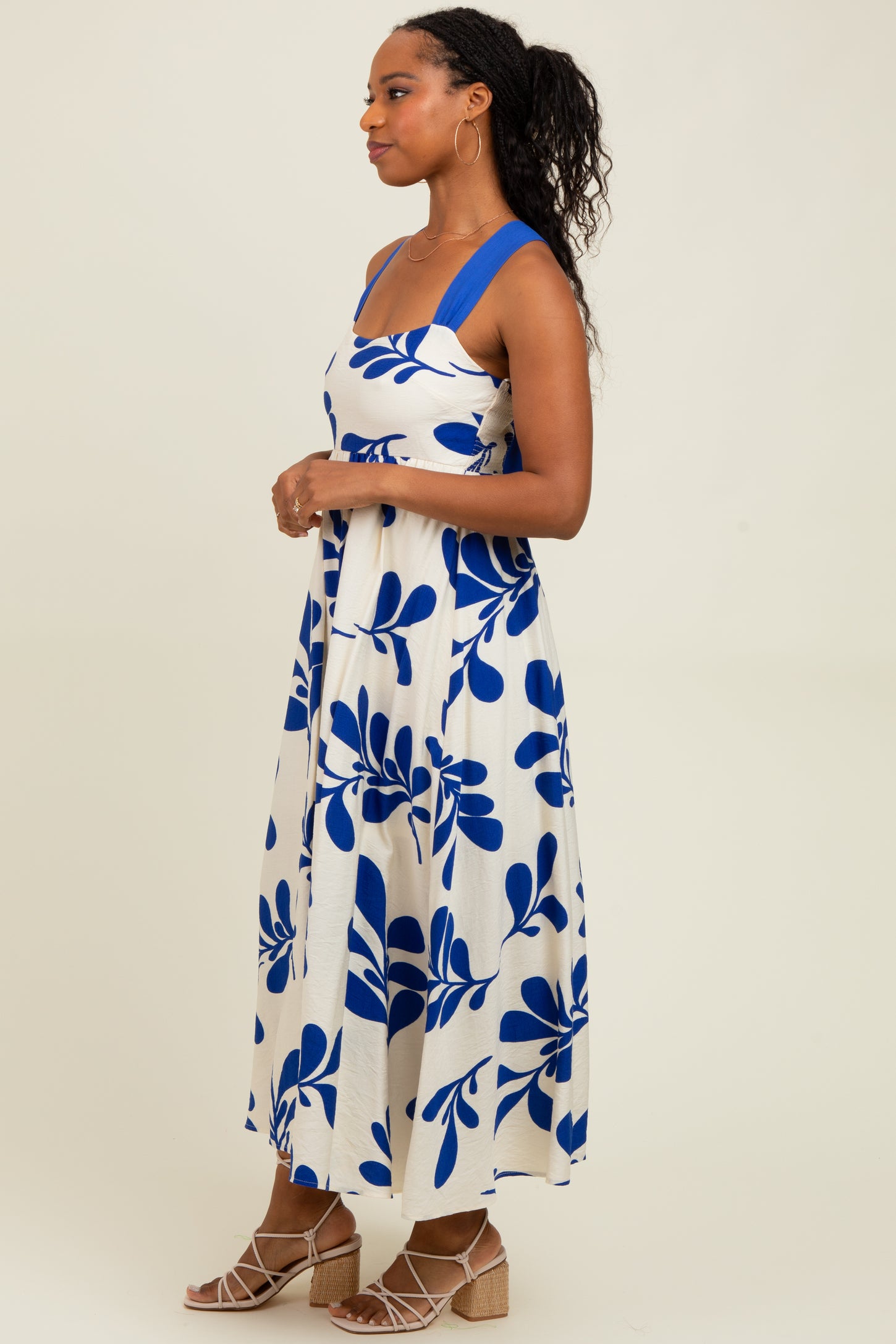 Royal Blue Leaf Print Tie Back Cutout Midi Dress