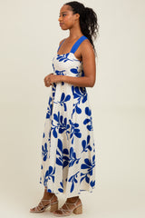 Royal Blue Leaf Print Tie Back Cutout Midi Dress