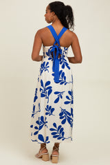 Royal Blue Leaf Print Tie Back Cutout Midi Dress