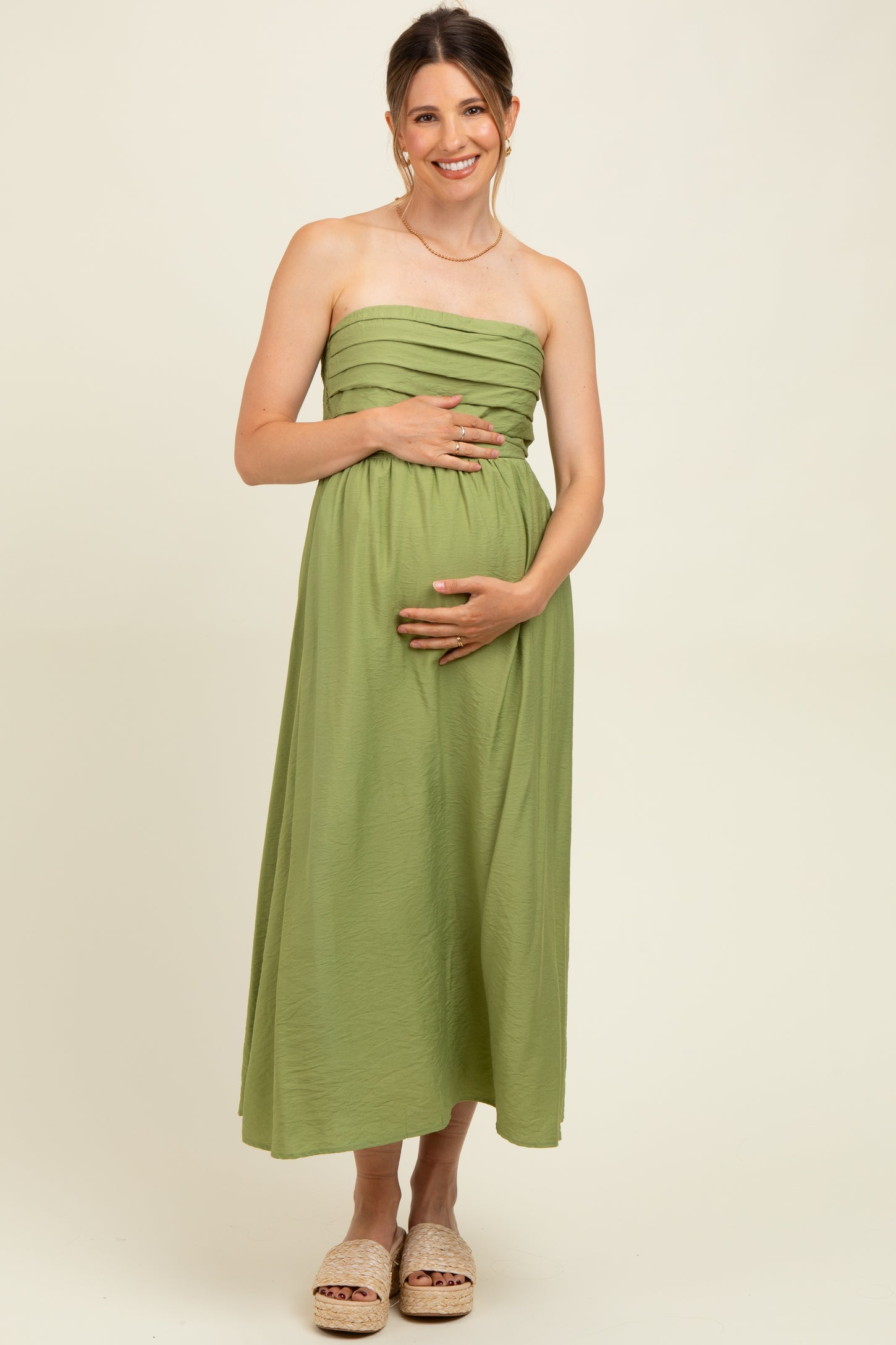 Light Olive Pleated Bodice Strapless Maternity Midi Dress