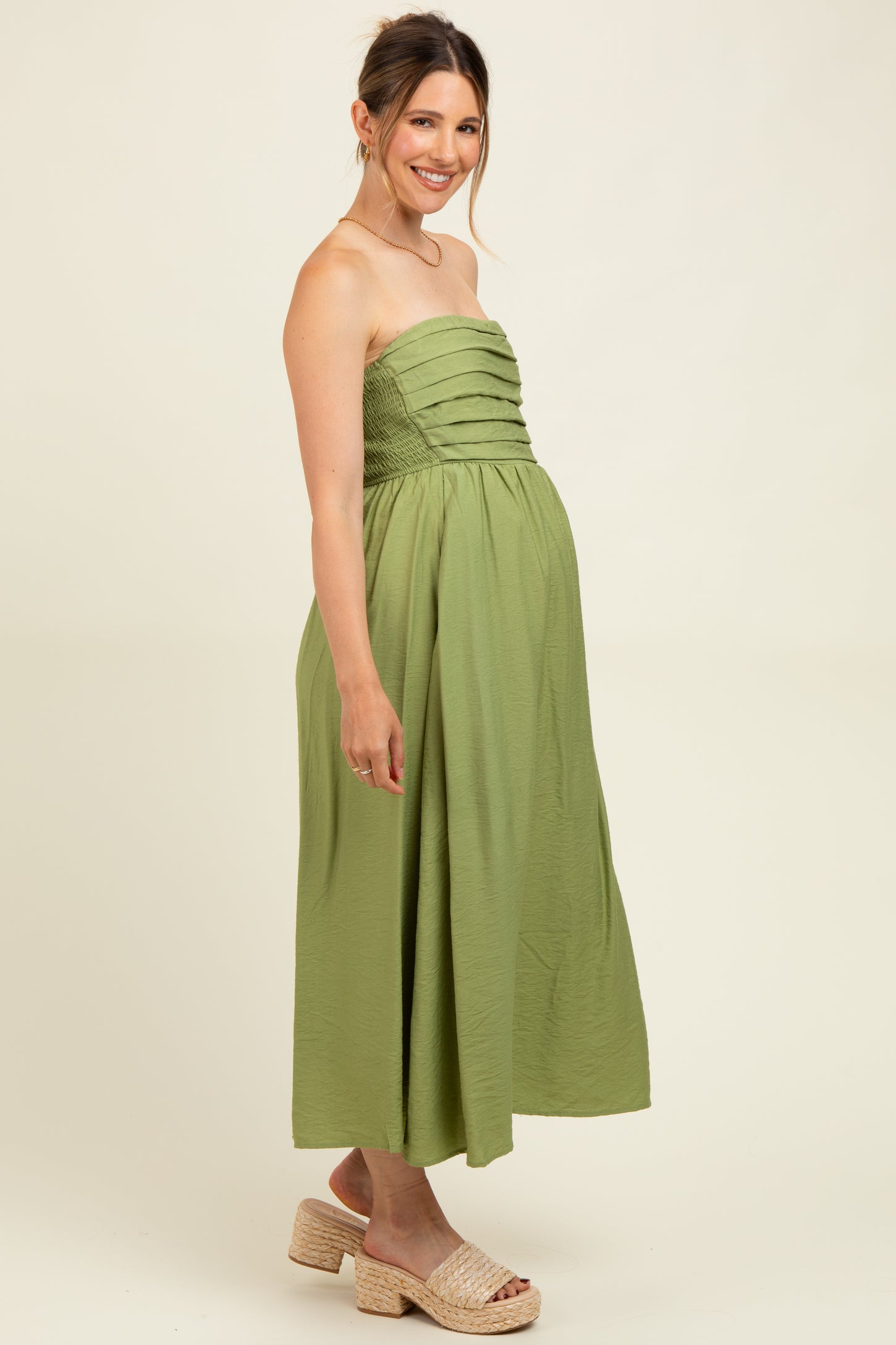 Light Olive Pleated Bodice Strapless Maternity Midi Dress
