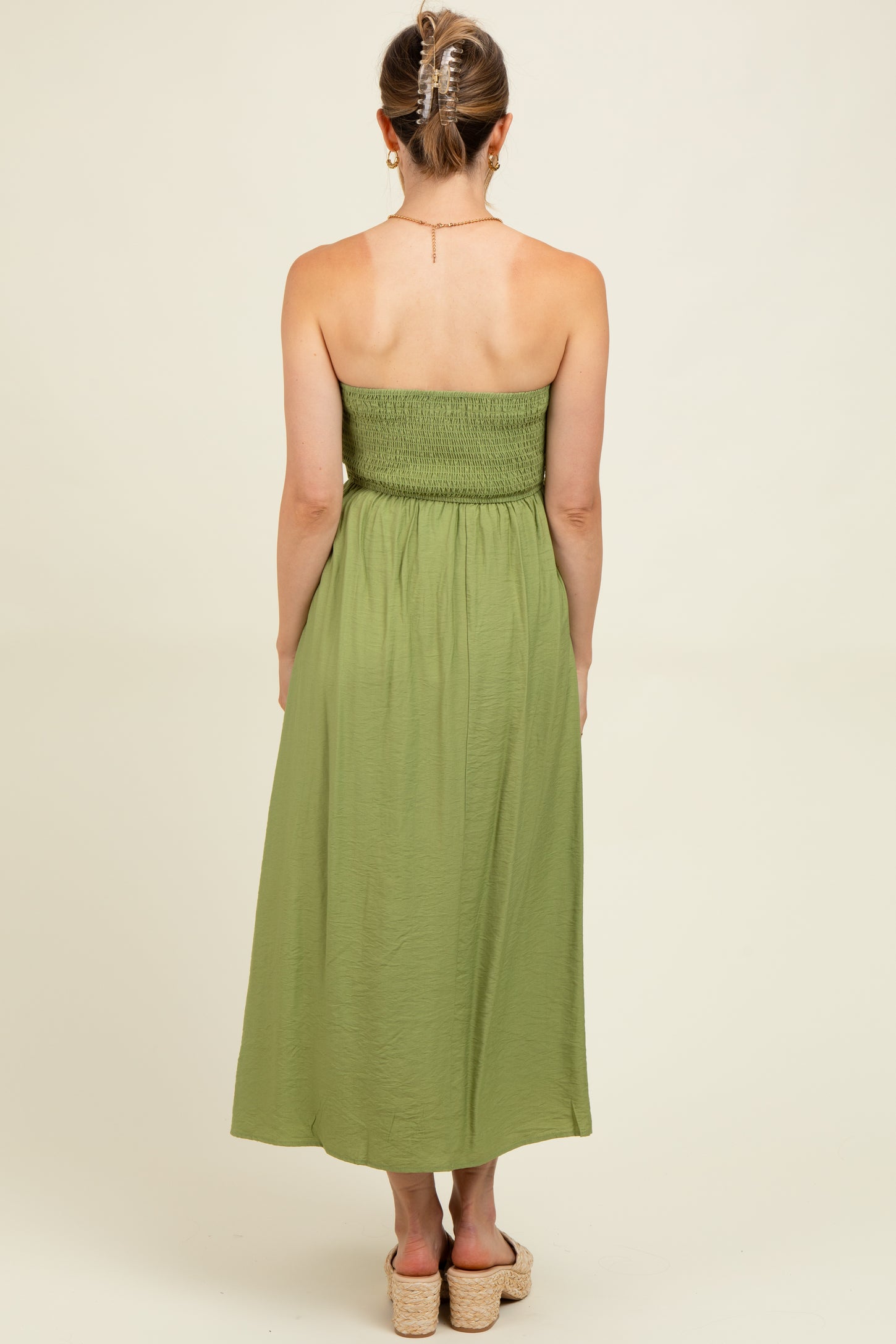 Light Olive Pleated Bodice Strapless Maternity Midi Dress