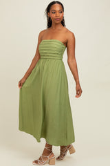 Light Olive Pleated Bodice Strapless Midi Dress