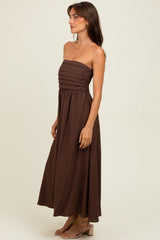 Brown Pleated Bodice Strapless Midi Dress