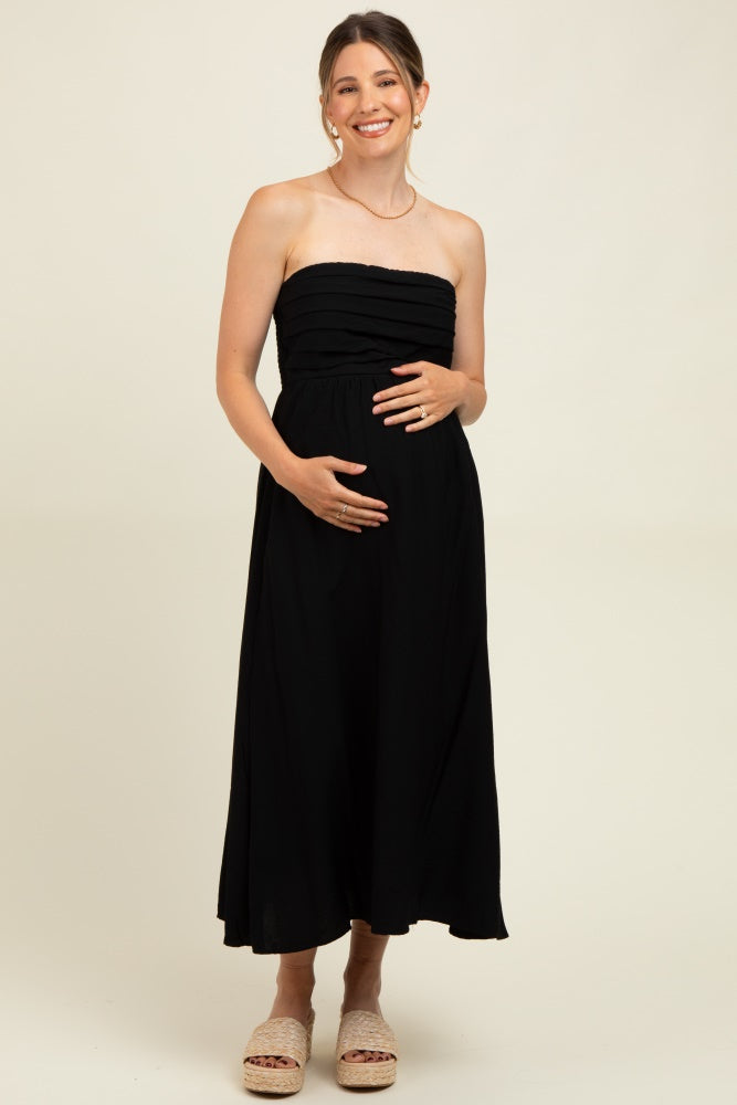 Black Pleated Bodice Strapless Maternity Midi Dress Black Pleated Bodice Strapless Maternity Midi Dress