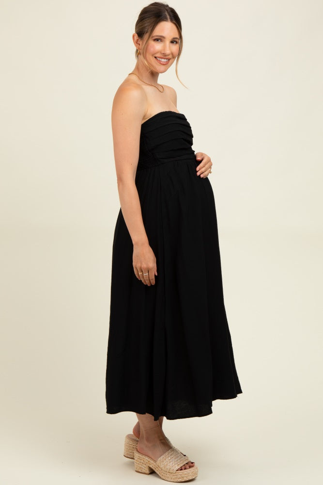 Black Pleated Bodice Strapless Maternity Midi Dress – PinkBlush