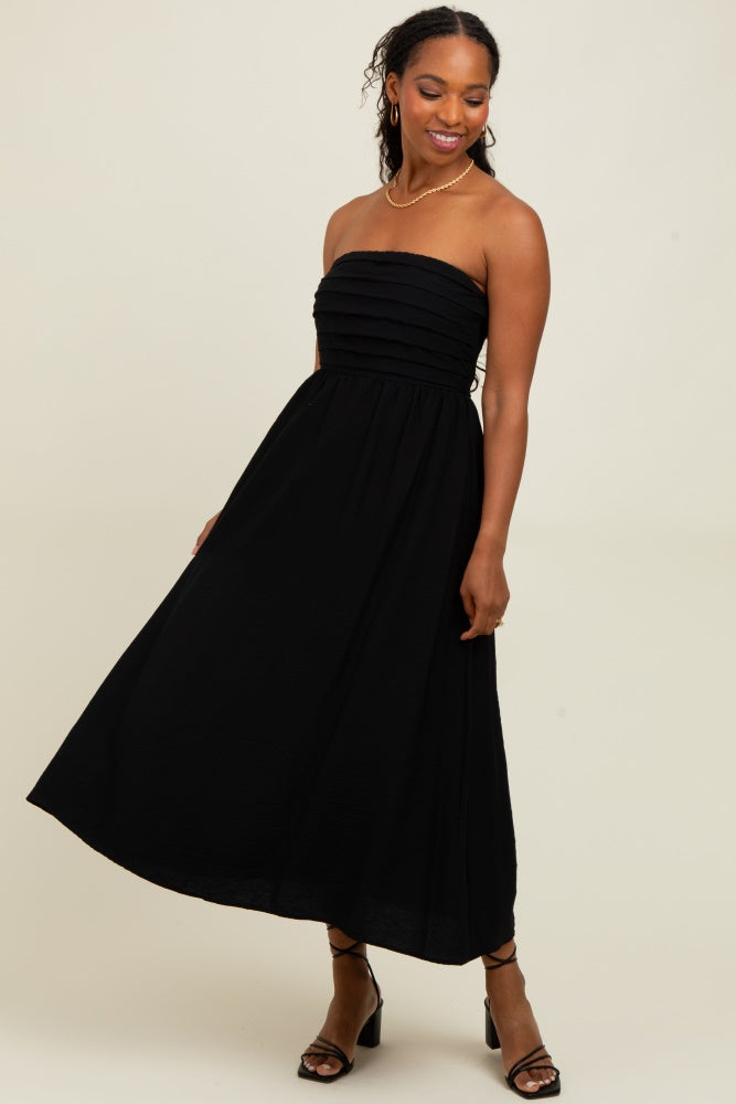Black Pleated Bodice Strapless Midi Dress – PinkBlush