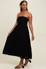 Black Pleated Bodice Strapless Midi Dress