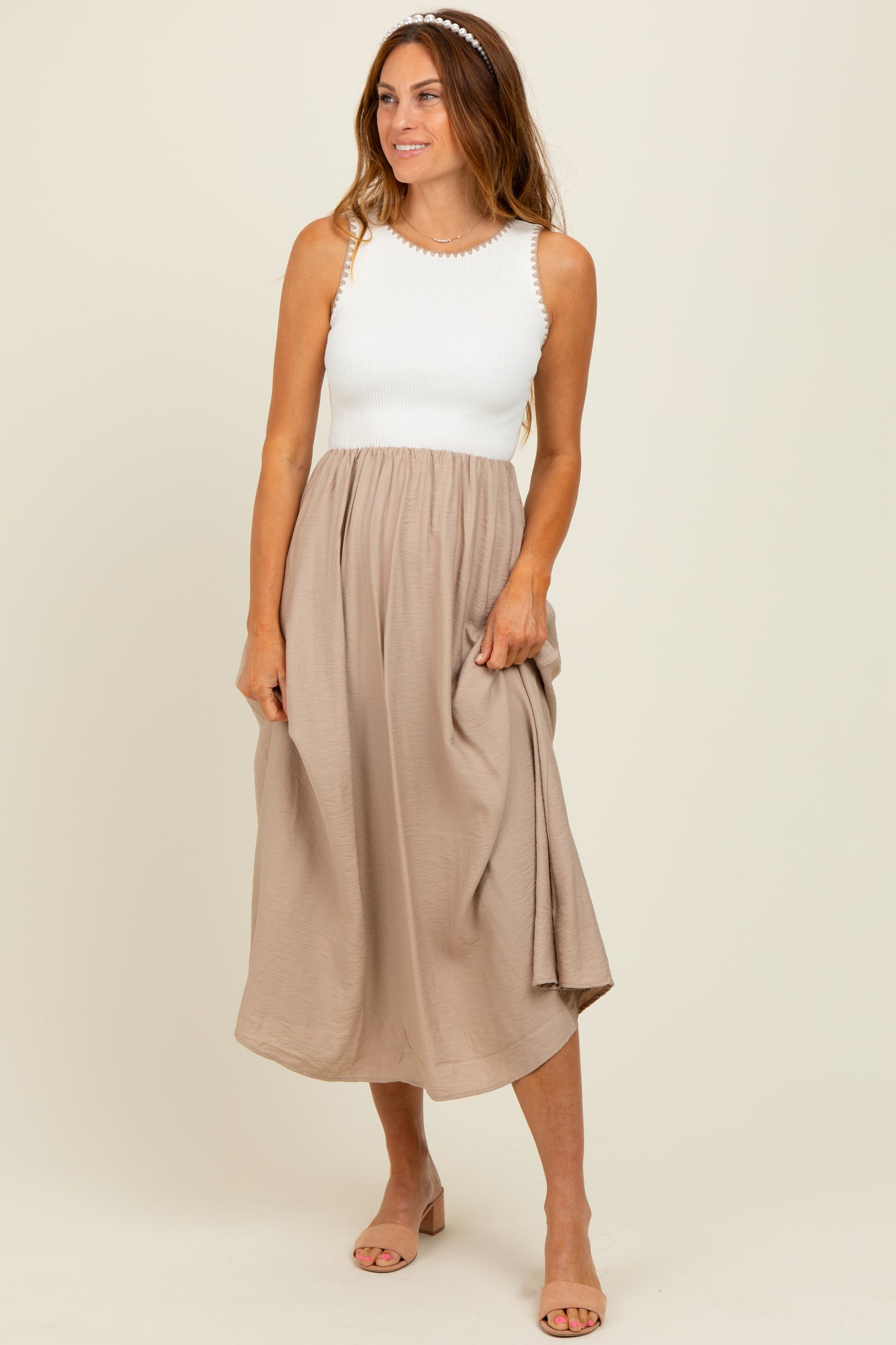 Beige Contrast Knit Top Sleeveless Maternity Midi Dress