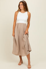 Beige Contrast Knit Top Sleeveless Midi Dress