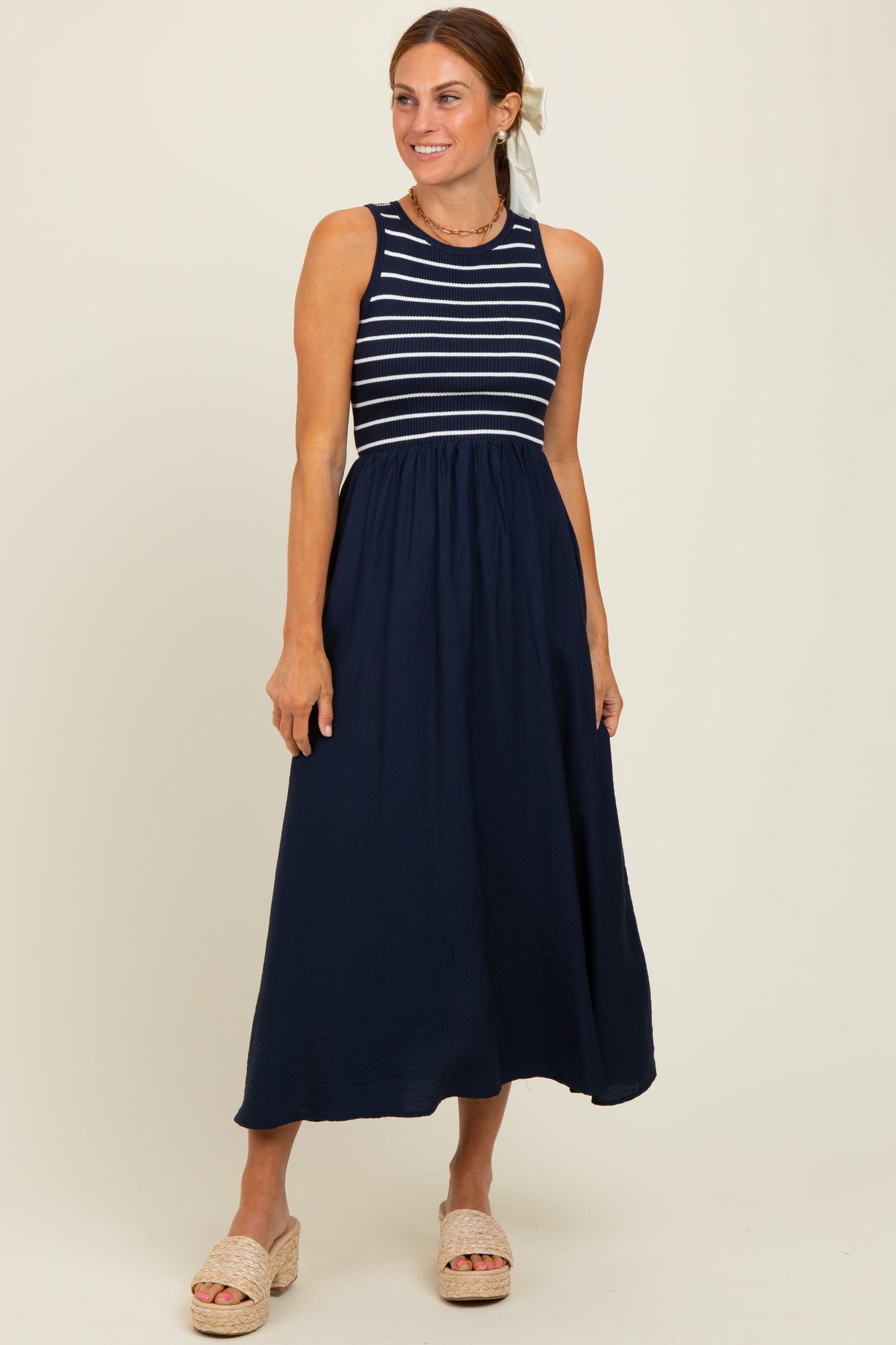 Navy Contrast Striped Knit Sleeveless Midi Dress
