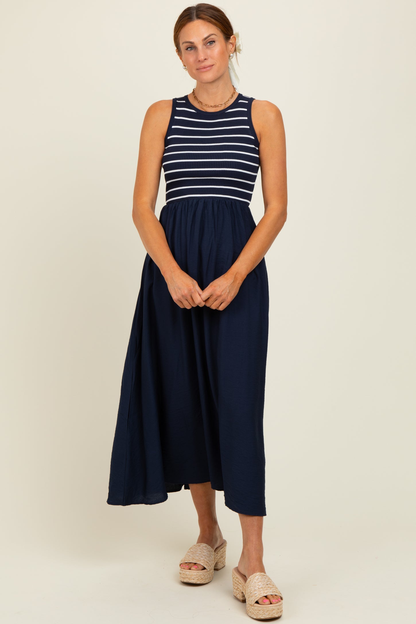 Navy Contrast Striped Knit Sleeveless Midi Dress