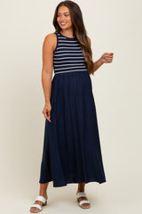 Navy Contrast Striped Knit Sleeveless Maternity Midi Dress