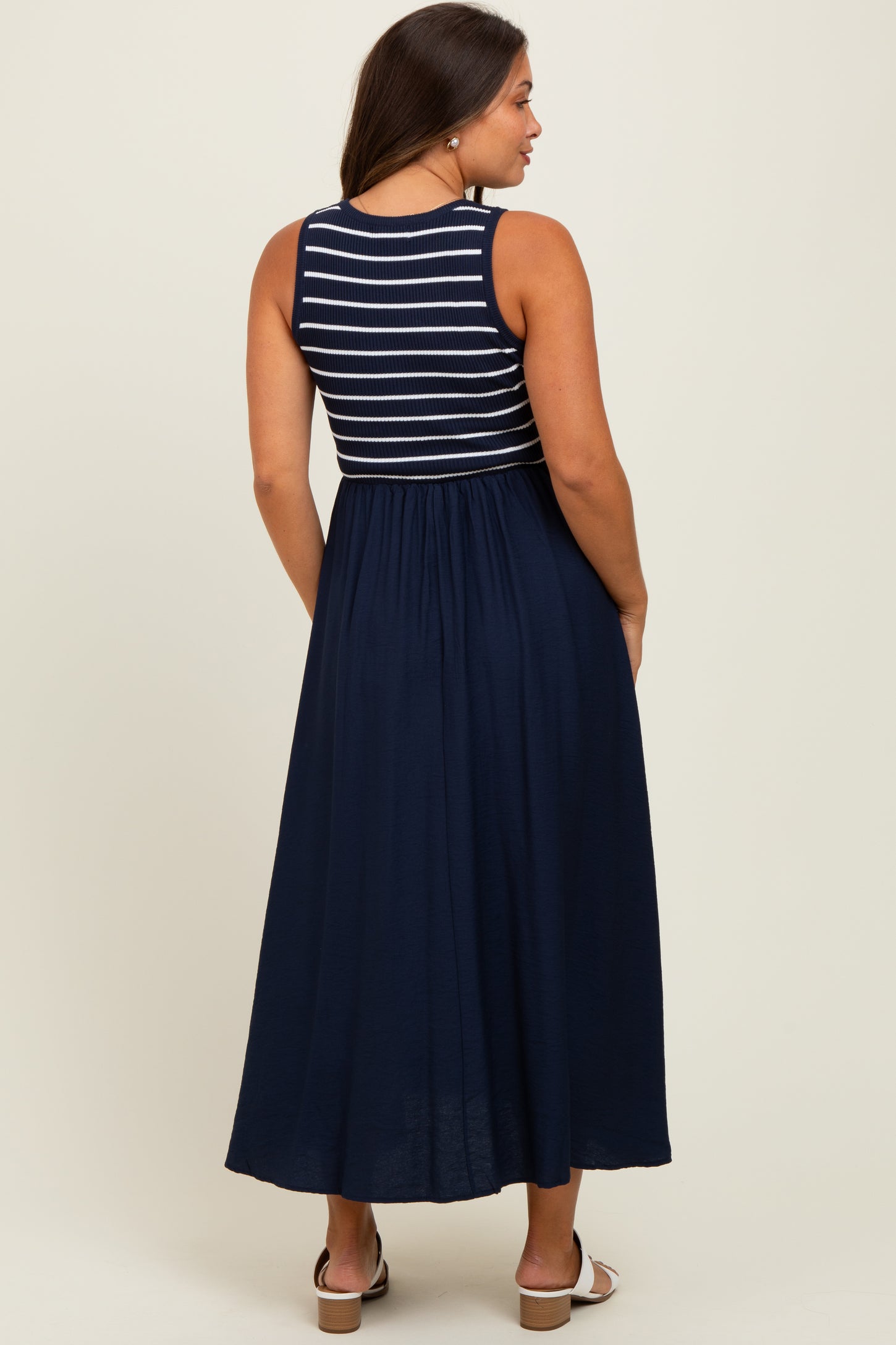 Navy Contrast Striped Knit Sleeveless Maternity Midi Dress