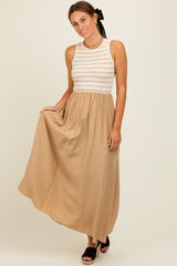 Camel Contrast Striped Knit Sleeveless Midi Dress