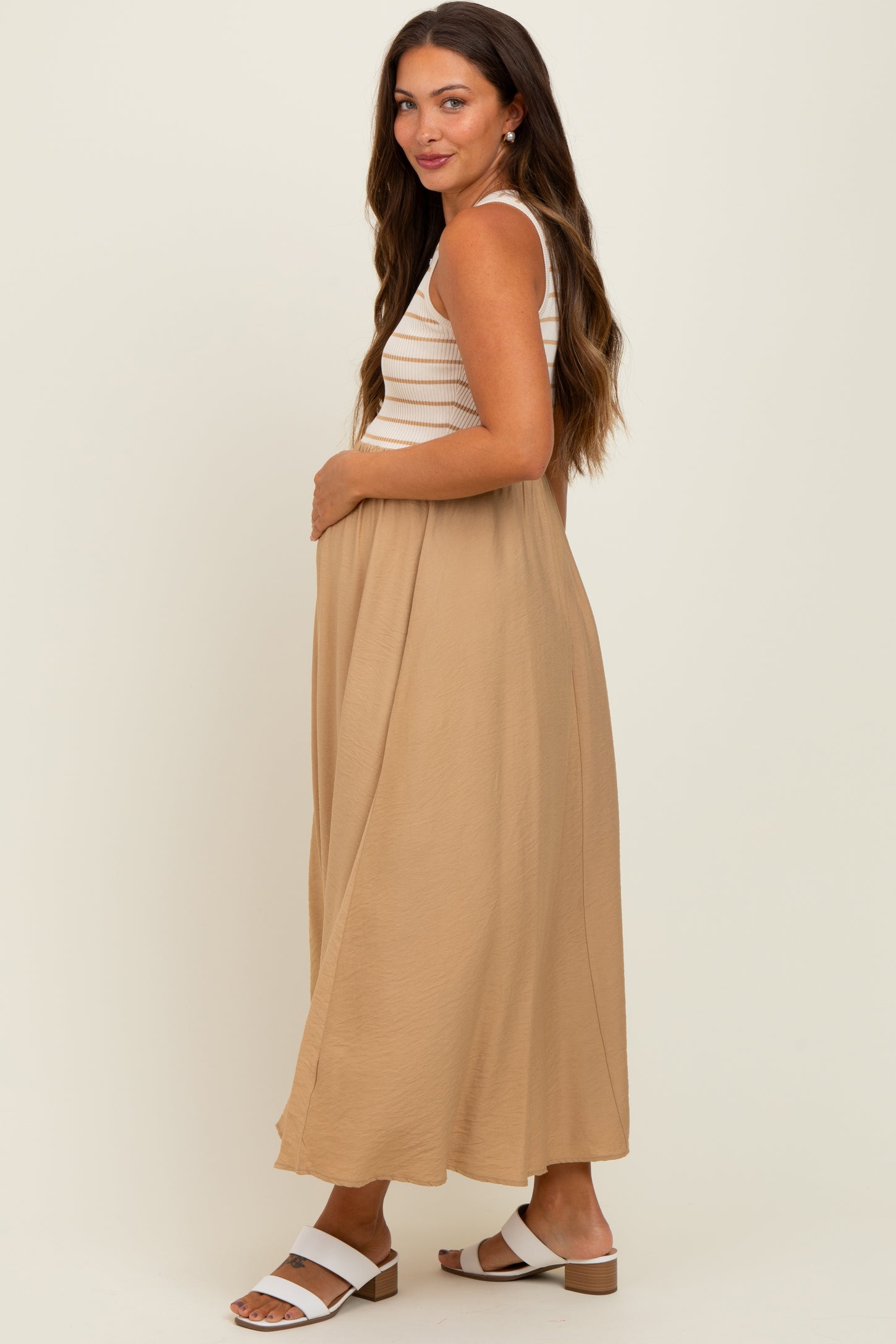 Camel Contrast Striped Knit Sleeveless Maternity Midi Dress