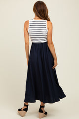 Ivory Contrast Striped Knit Sleeveless Midi Dress