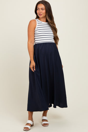 Ivory Contrast Striped Knit Sleeveless Maternity Midi Dress