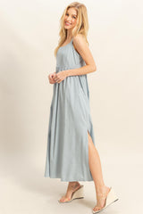 Light Blue Square Neck Fit And Flare Midi Dress