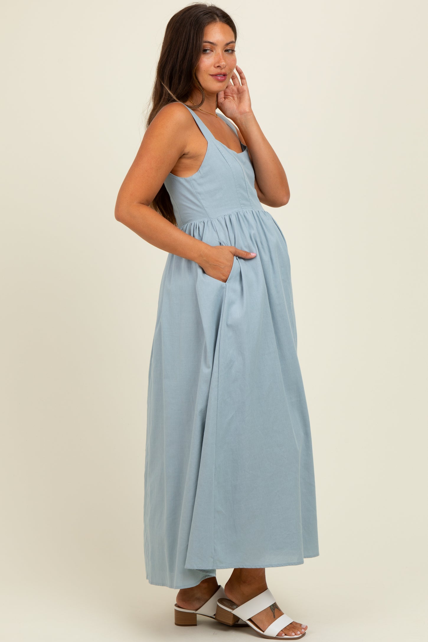 Light Blue Square Neck Fit And Flare Maternity Midi Dress