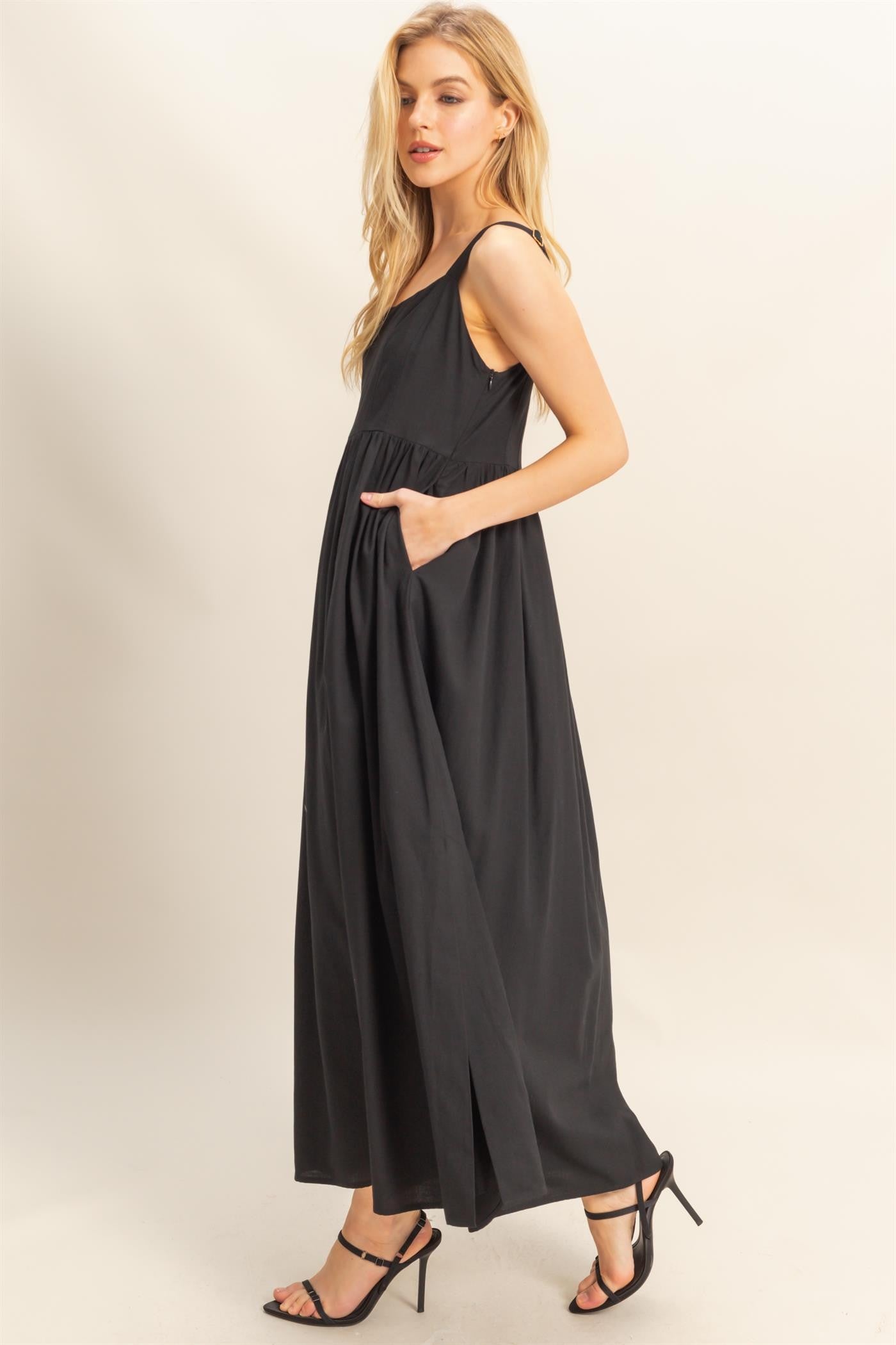 Black Square Neck Fit And Flare Midi Dress