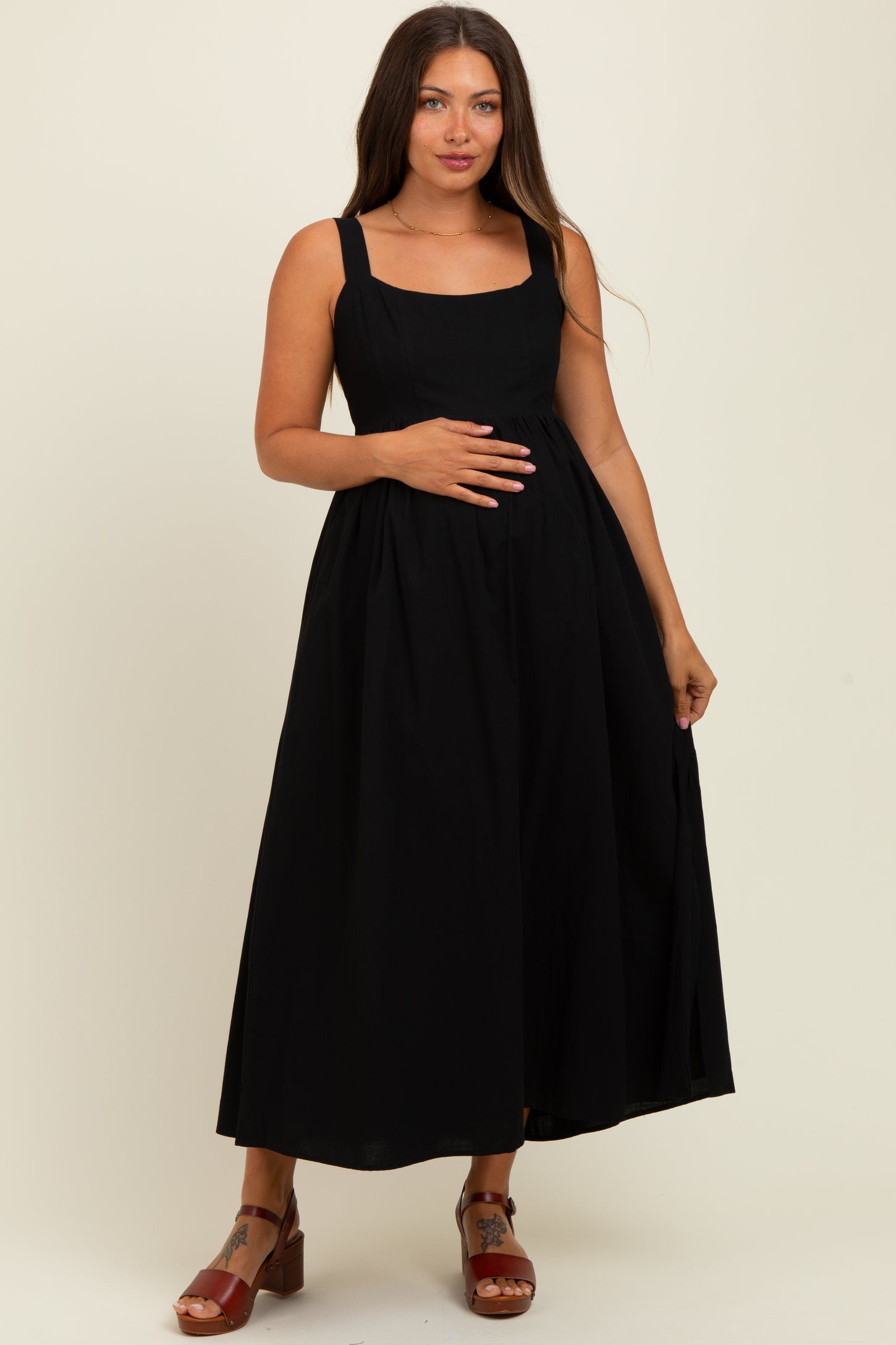 Black Square Neck Fit And Flare Maternity Midi Dress PinkBlush Black Square Neck Fit And Flare Maternity Midi Dress PinkBlush
