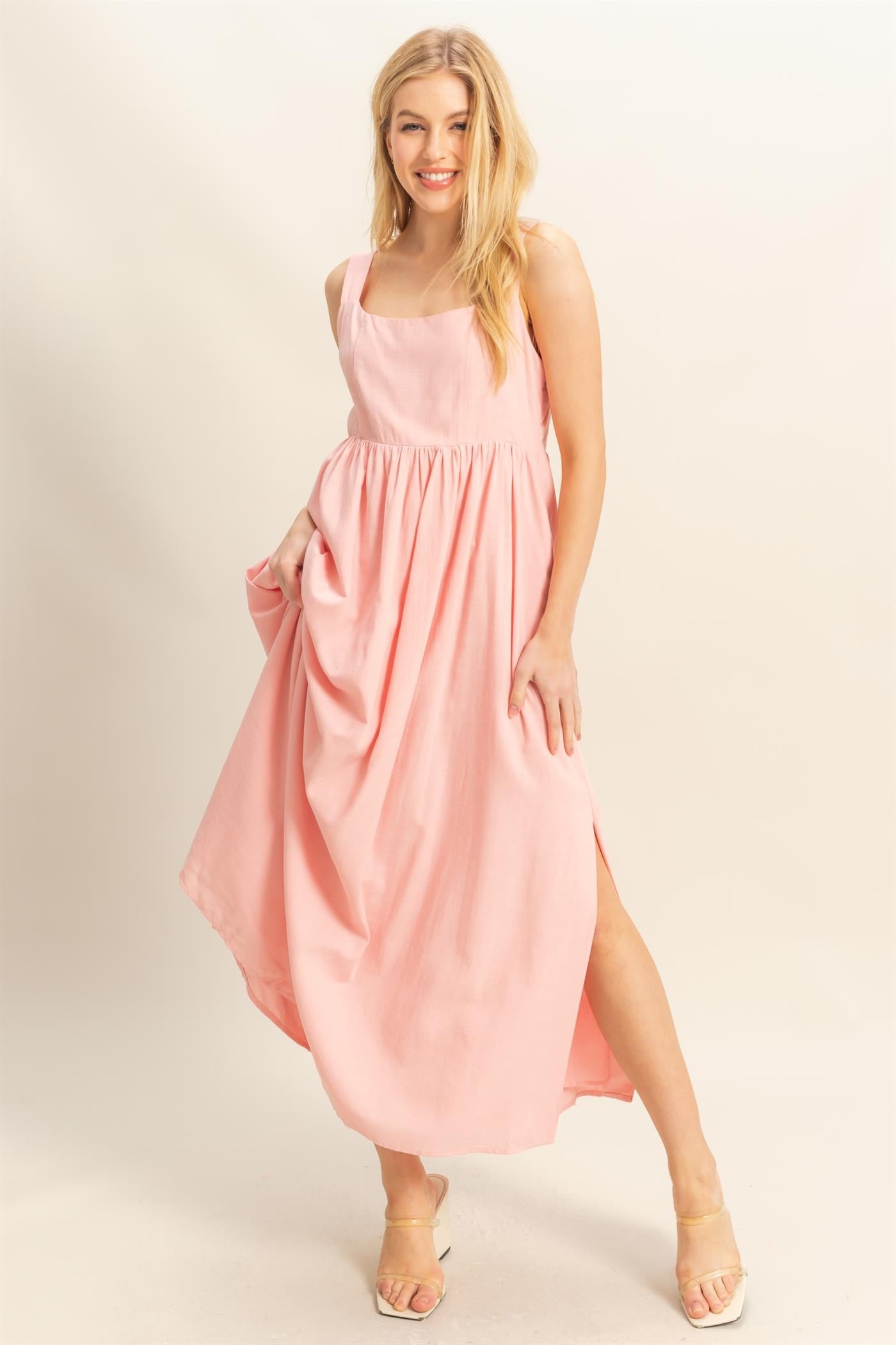 Pink Square Neck Fit And Flare Maternity Midi Dress