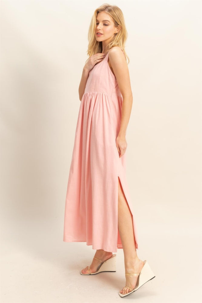 Pink Square Neck Fit And Flare Midi Dress