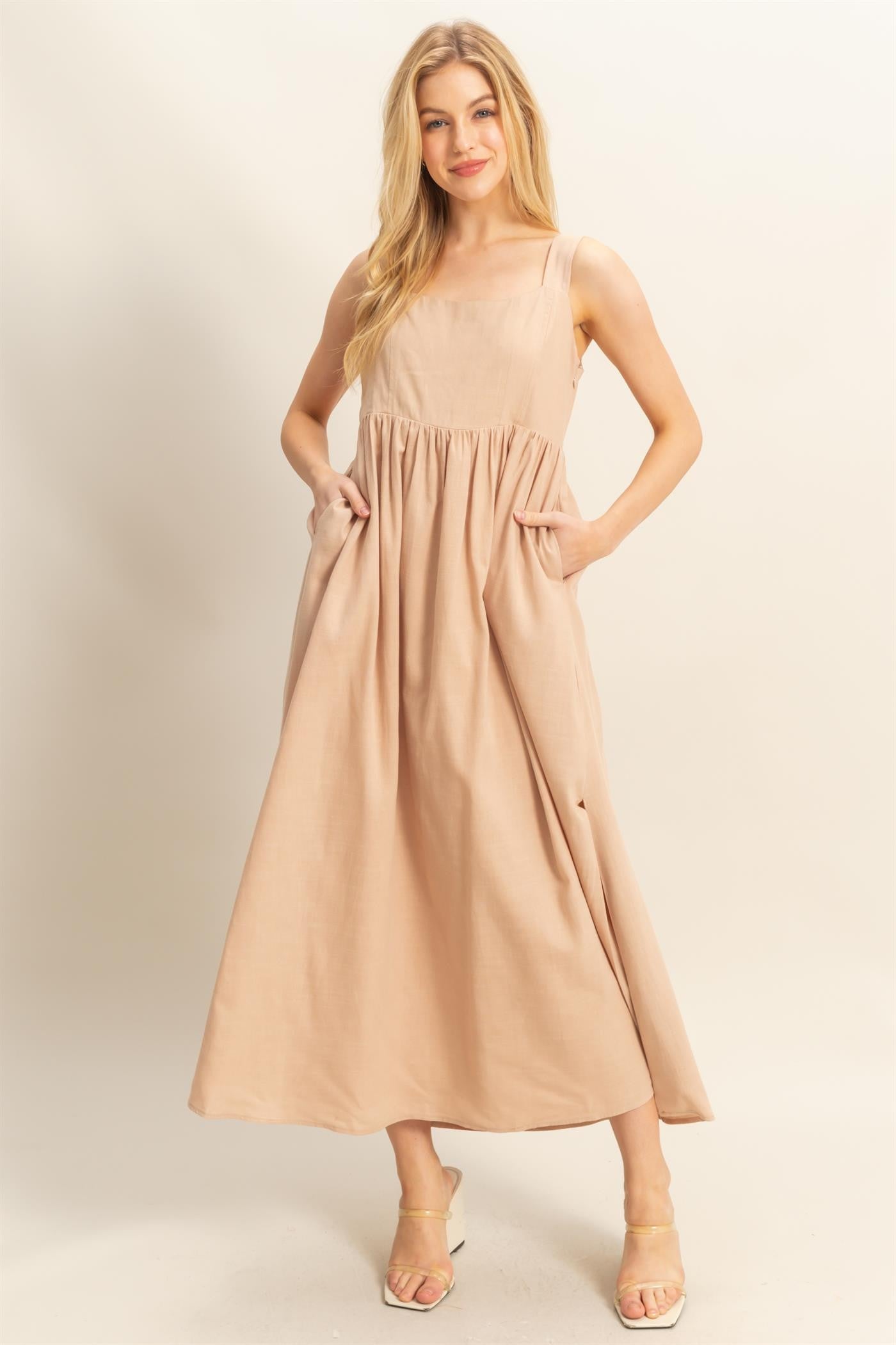 Beige Square Neck Fit And Flare Maternity Midi Dress