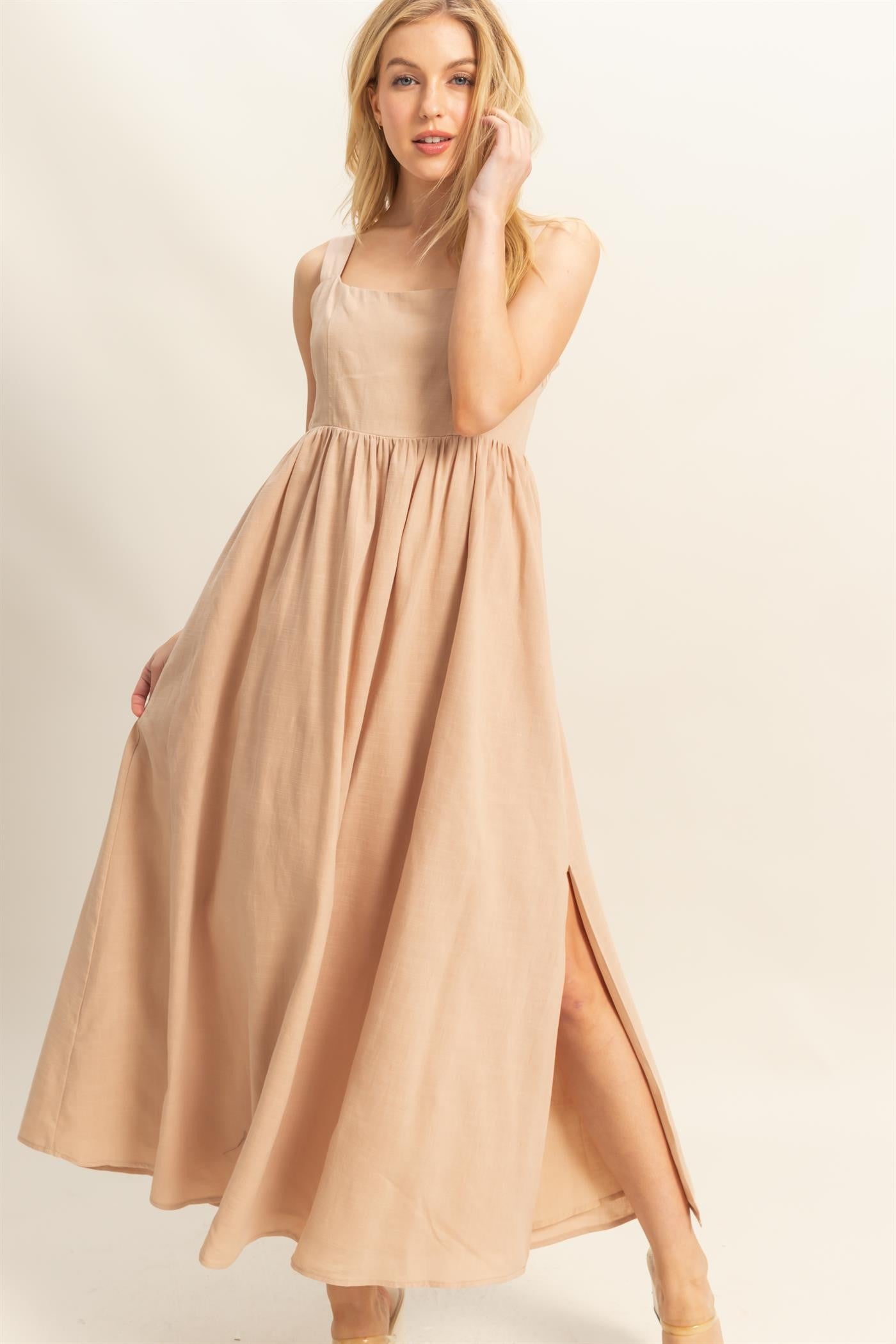 Beige Square Neck Fit And Flare Midi Dress PinkBlush Beige Square Neck Fit And Flare Midi Dress PinkBlush