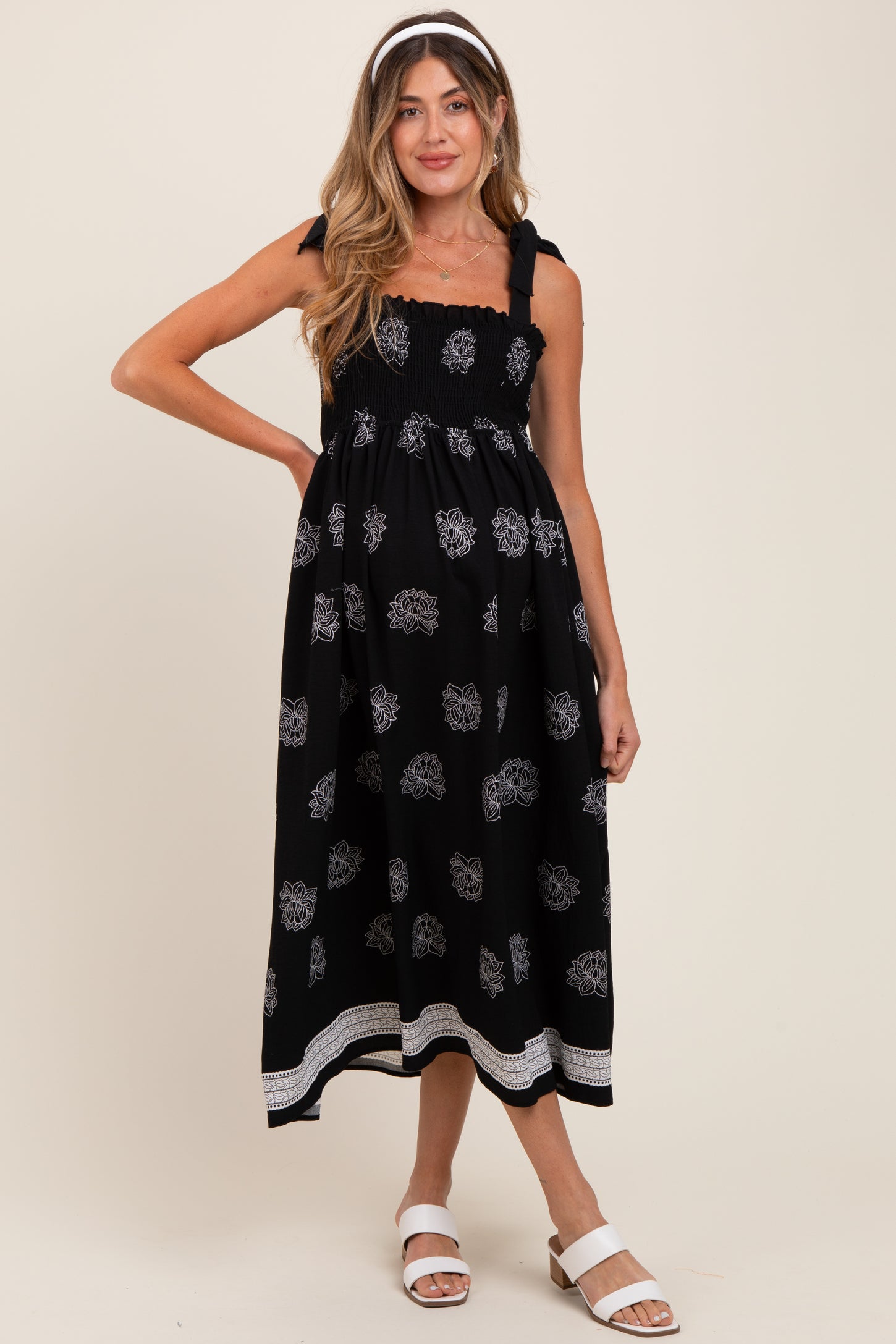 Black/Cream Vintage Floral Border Printed Smocked Top Sleeveless Maternity Maxi Dress