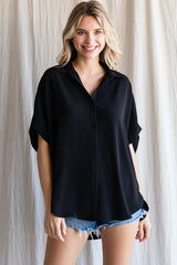 Black Solid Collared Button-Up Top