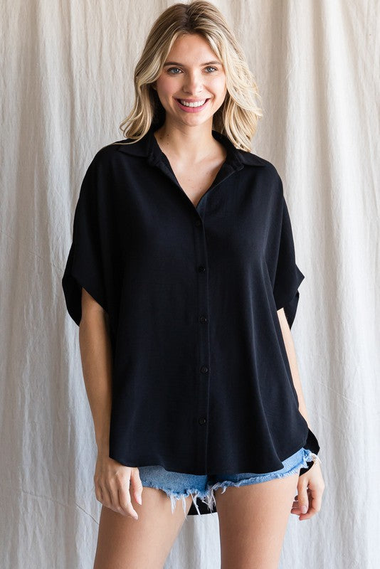 Black Solid Collared Button-Up Maternity Top