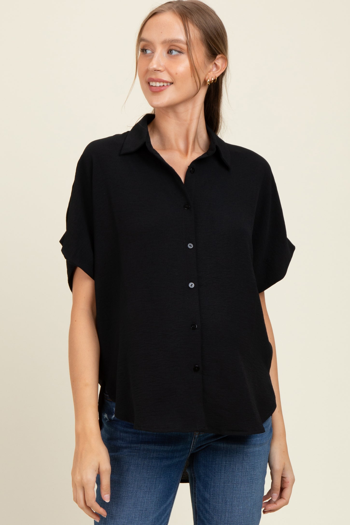 Black Solid Collared Button-Up Maternity Top