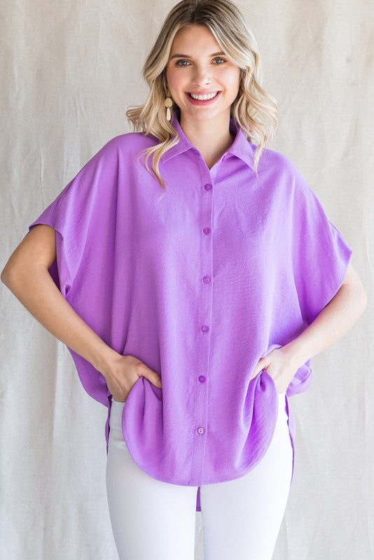 Lavender Solid Collared Button-Up Maternity Top