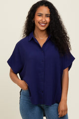 Navy Solid Collared Button-Up Top