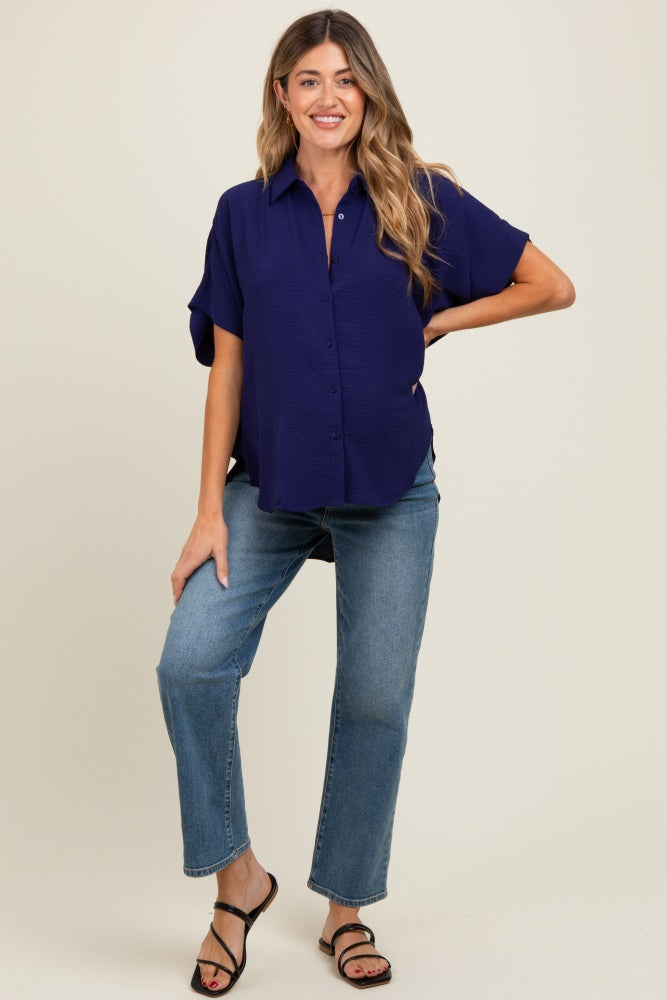 Navy Solid Collared Button-Up Maternity Top