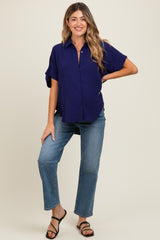 Navy Solid Collared Button-Up Maternity Top