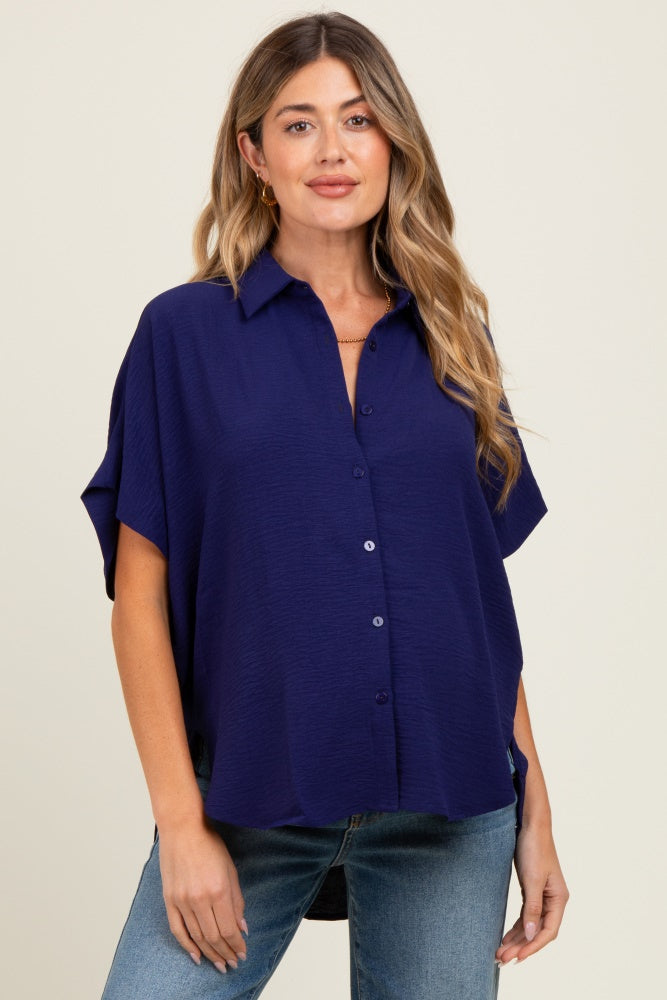 Navy Solid Collared Button-Up Maternity Top