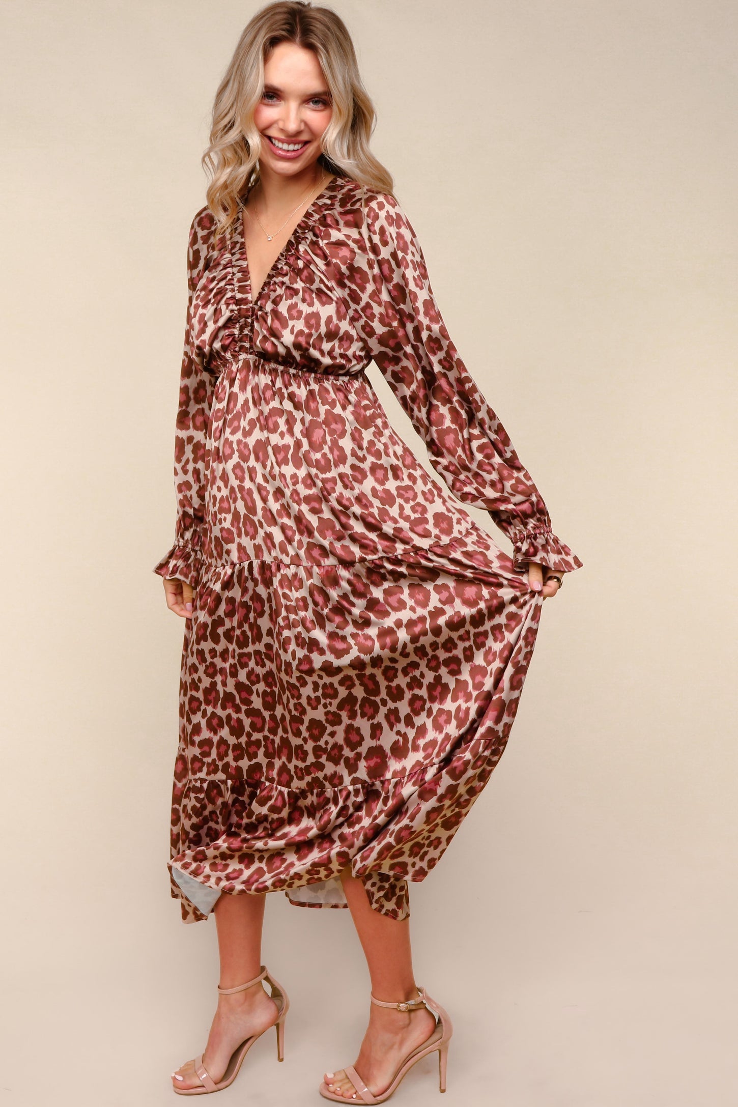 Taupe/Rust Satin Leopard Tiered Side Pocket Maxi Dress