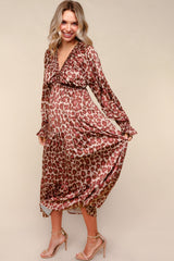Taupe/Rust Satin Leopard Tiered Side Pocket Maxi Dress