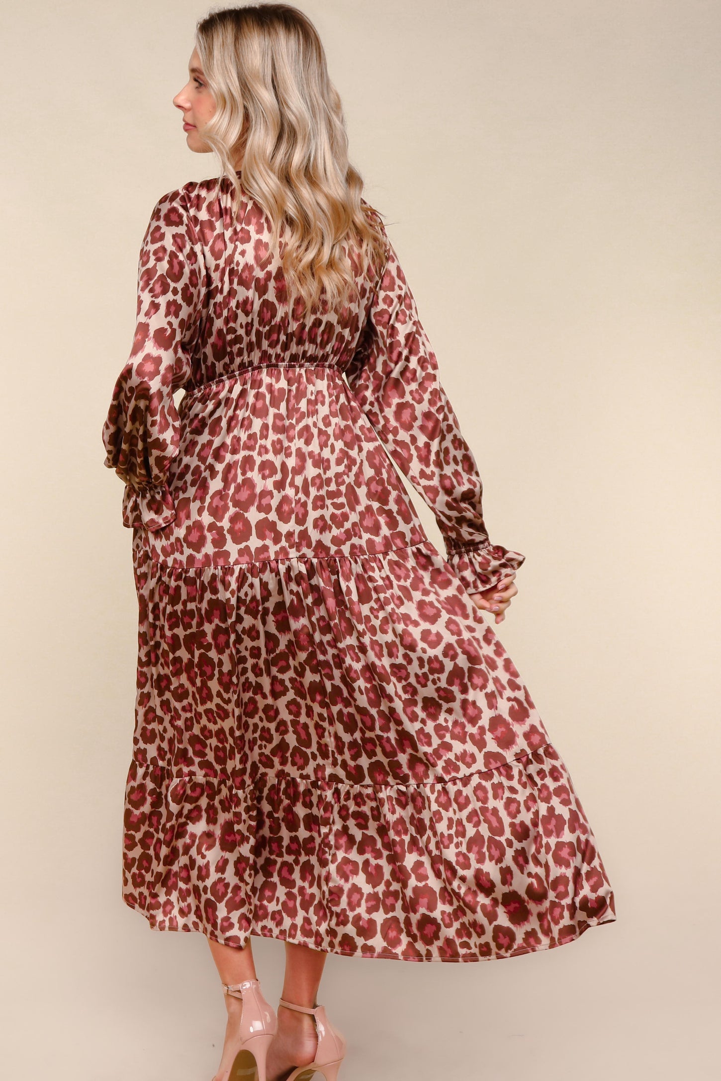 Taupe/Rust Satin Leopard Tiered Side Pocket Maxi Dress