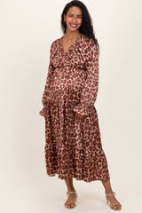 Taupe/Rust Satin Leopard Tiered Side Pocket Maternity Maxi Dress